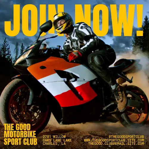 motorcycle club, sport club, riding club, motorbike group, biker club, brand awareness, outdoor, modern typography, energetic, bold, yellow, red